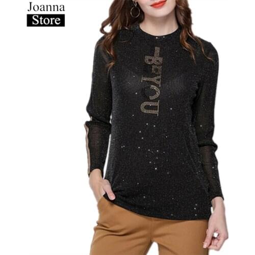 Spring New Mesh Splicing Short T-Shirt Women O-Neck Perspective Long Sleeve Slim Sequins Tops Black Plus Size Loose Wild Clothes