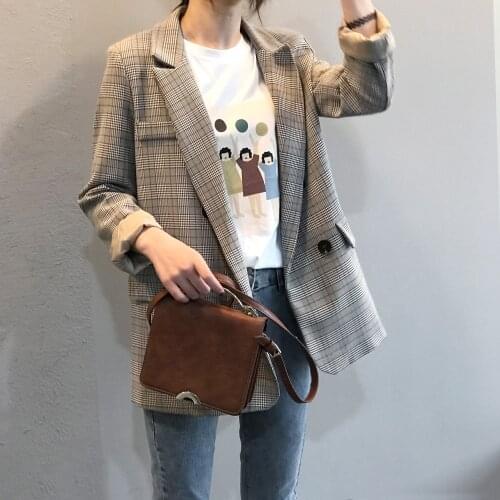 Korean Women Light Coffee Plaid Blazer 2021 Autumn Vintage Casual Notched Collar Long Sleeve Female Double Breasted Suit Jacket