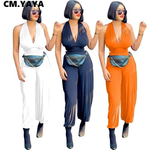 CM.YAYA Streetwear Womens Halter Neck Backless High Waist Jumpsuit Romper Sleeveless Playsuit Streetwear Basic Overall Outfits