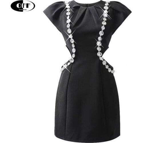 Designer Runway Sexy Hollow Out Mini Dresses For Women Traf Black Diamond Puff Short Sleeve Summer Party Night Club Lady Dress