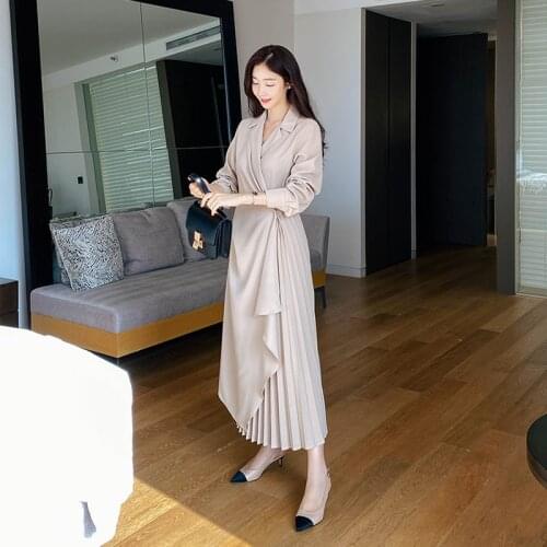 2020 Autumn Winter New Fashion Fold Women Dress Elegant Korean Irregular Belt Slim Long Dresses Female Work Business Clothes