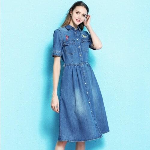 Top Brand Embroidery Pockets Short Sleeve Womens Denim Dresses Fashion Single Breasted Lapel Medium Length Female A-Line Dresses