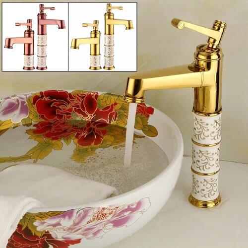 Gold / Rose Gold Brass Counter Top Bathroom Faucet Wash Basin Tap Swivel Single Handle Hot and Cold Water Mixer Tap