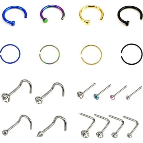 20Pcs/Set Crystal Nose Ring & Studs Body Jewelry Stainless Surgical Steel Nose Piercing Women Girl Fashion