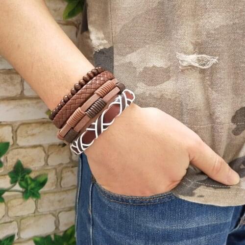 29 Style! Adjustable 1Set 4PCS Leather Bracelet Men Multilayer Bead Bracelet Wrap Bracelets for Women Vintage punk Men Jewelry