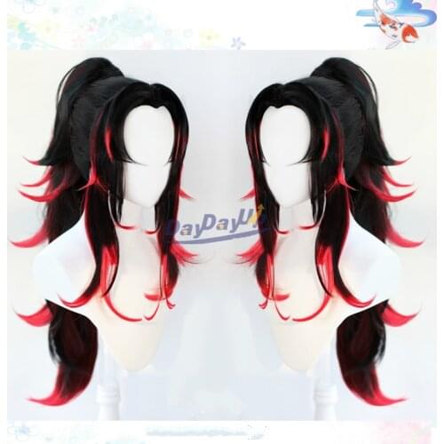 Demon Slayer Kimetsu No Yaiba Kokushibou Black Red Gradient Long ponytail Cosplay Synthetic Hair Halloween Party + Free Wig Cap