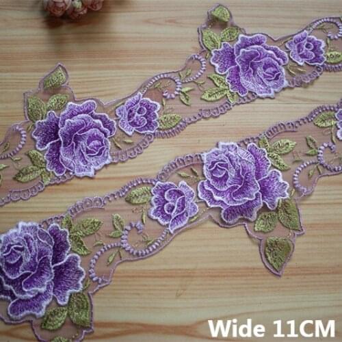 11CM Wide Elegant Mesh Fabric Violet Venise Roses Embroidered Lace Applique DIY Wedding Dress Guipure Headveil Sewing Decoration
