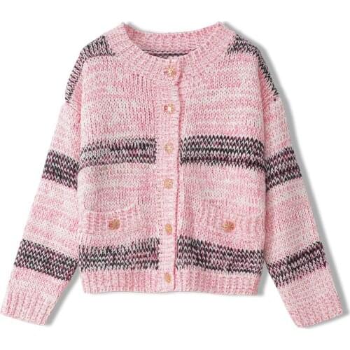 Autumn Winter Womens Sweaters Striped Round Neck Long Sleeve Loose Pink Thick Needle Knitted Cardigan Coat Femmes Coat