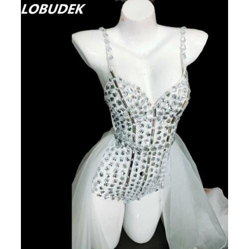 Hand Sewing White Rhinestones Bodysuit Trail Dance Outfit Bar Nightclub Stage Wear Singer Dancer Sexy DJ Performance Costume