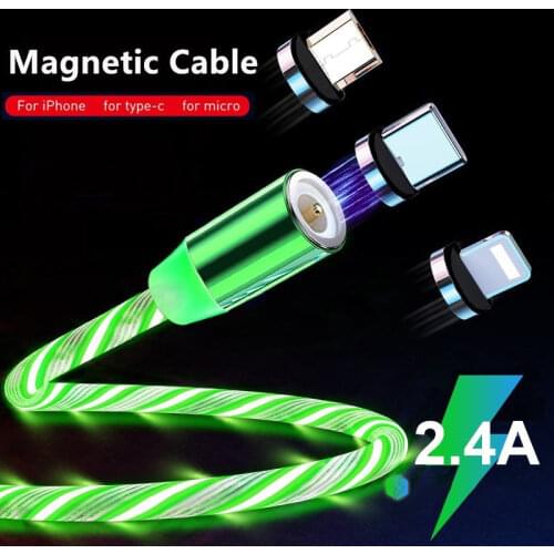 Magnetic Cable Flowing Light LED Micro USB Cable for Xiaomi Type C Charging for Huawei for Samsung Magnet Charger Cord