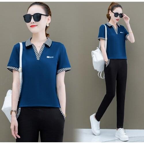 Fashion Professional Lapel Suit Women Cotton Short Sleeved Trousers Two Piece Sets Plus Size Casual Clothes Blue White Black