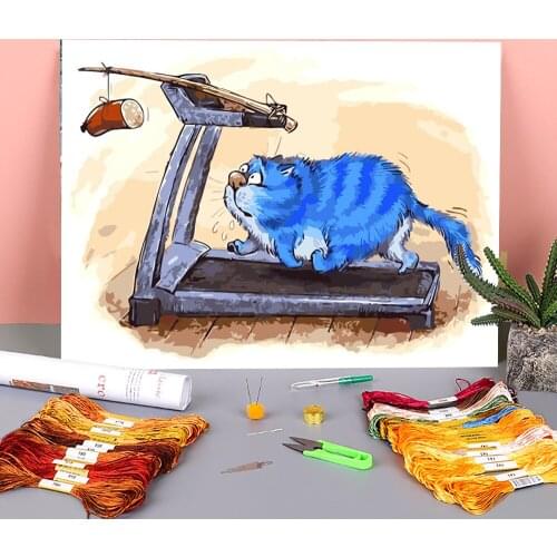 Cartoon Blue White Cat Printed Canvas 11CT Cross-Stitch DIY Embroidery Patterns DMC Threads Needlework Hobby Adults