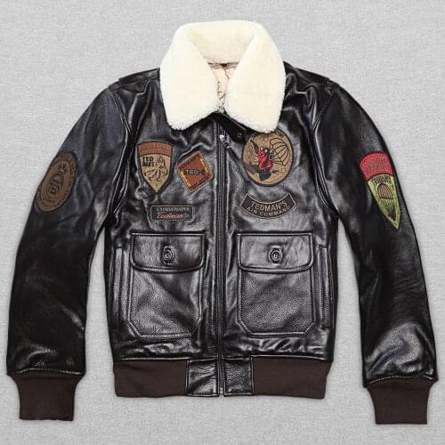 2020 New Mens Pilot Jacket Wool Collar Fat loose large size Male Short Slim Fit Aviator Thick Cowskin Winter Coats