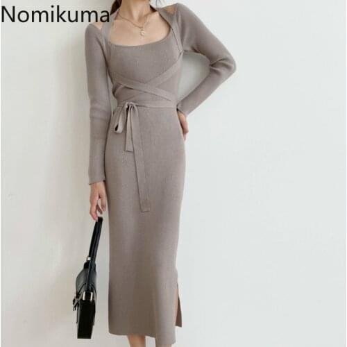 Nomikuma Slash Neck Elegant Slim Stretch Sweater Bodycorn Dreses Korean Bandage Slim Waist Knitted Vestidos Women Dress 6D319