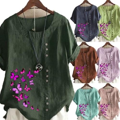 New Women Summer Casual Butterflies Print Loose T-shirts Vintage Round Neck Plus Size Short Sleeve Blouse Tops S-5XL