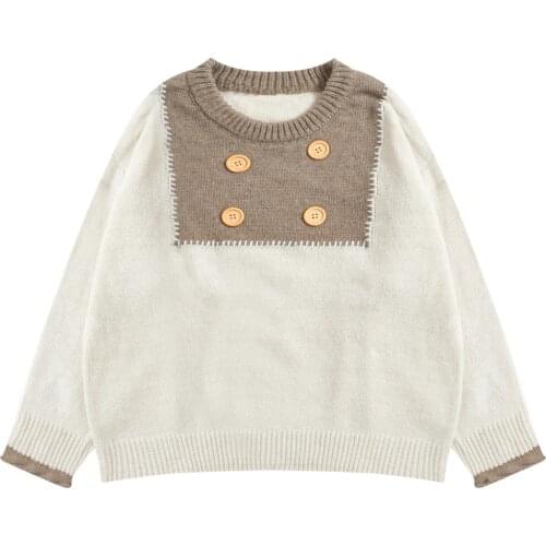 Autumn Janpan Style Women Winter Pullover Sweaters O Neck Beige Blue Buttons Ladies Pretty Knitwear Knitting Jumper Tops
