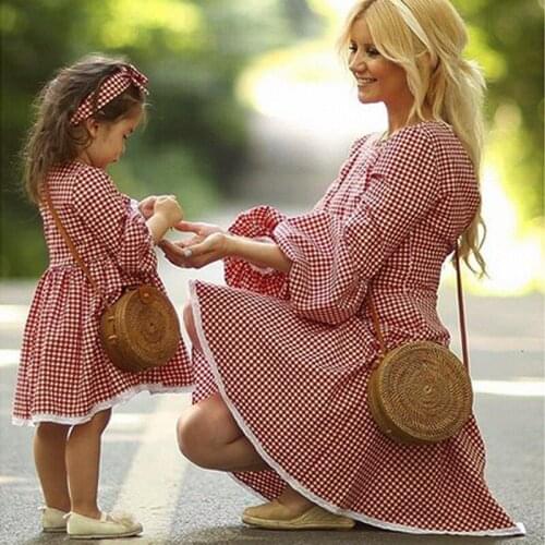 Mommy And Me Mom Daughter Clothes Family Look Family Matching Outfits Dress Spring Mother Daughter Red Grid Dresses Party For