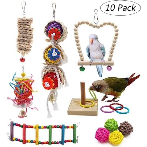 Birds Swing Toys Parrots Chewing Hanging Perches with Natural Wood Bells Toys for Small Medium Birds