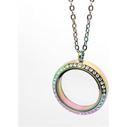 316L Stainless Steel 30mm Rainbow Screw Round Crystal Locket Necklace Floating Charms Glass Memory Locket Pendant with 20" Chain