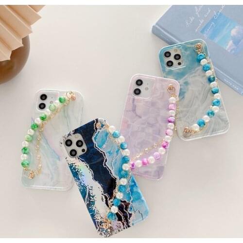Luxury Laser Marble Glossy Shockproof Rubber Soft Back Phone Case Cover Bead Chain For iPhone 7 8 Plus 11 12 Pro Max X XR XS Max