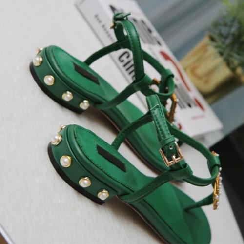 Brand Genuine Leather Women Sandals flats Runway Ankle Strap 2cm Flats Shoes Ladies Summer Holiday Beach Sandals Party Shoes