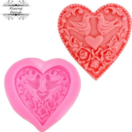DIY Pigeon Love Heart Flowers Silicone Mold Sugar Craft Fondant Cake Decorating Tools