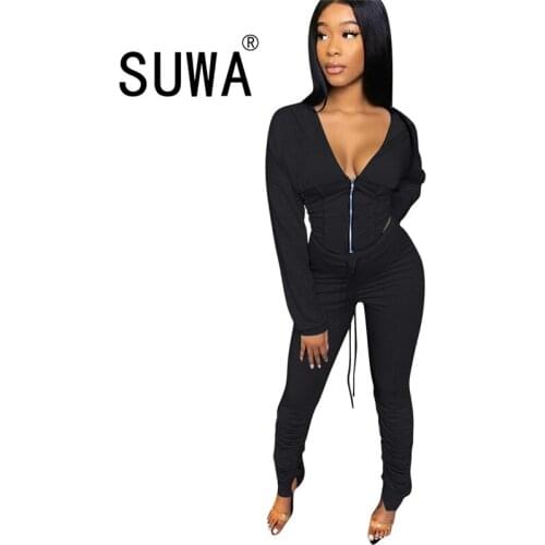 Tracksuit set two pieces woman spring clothes long sleeve deep v neck winter jacket + high waist pants trousers sweat suit