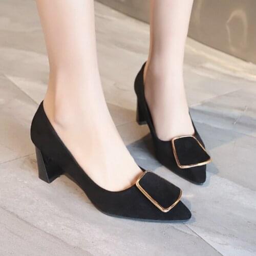 Womens Pumps Fashion Shallow Mouth High Heels Retro Square Heel Flock Single Shoes Simple Comfort Work Shoes Elegant Footwear