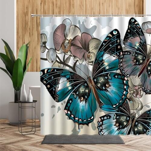 Floral Butterfly Shower Curtain Flower Printed Home Bathroom Decor Retro Nordic Style Waterproof Fabric Bath Curtains With Hooks