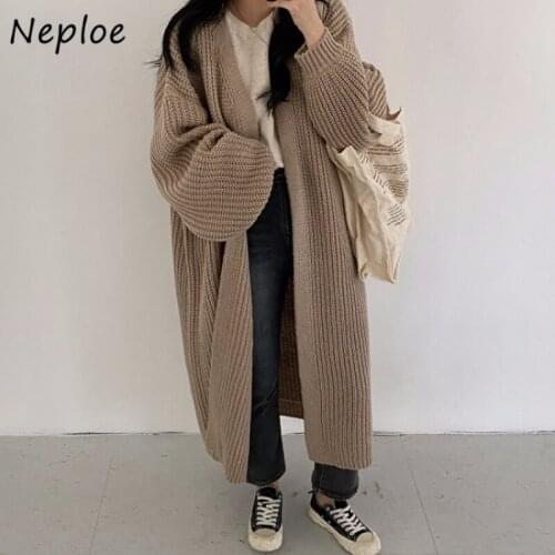 2021 Autumn Winter Fashion New Female Cardigans V-neck Loose Knit Sweater Coats Women Lantern Sleeves Long Knit Jacket