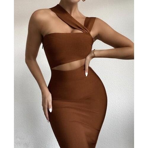 New Summer Fashion Sexy V Neck Midi Brown Women Bandage Dress 2021 Elegant Evening Party Club Dress Vestidos