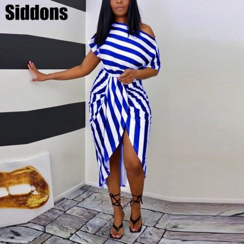 Summer Women Striped Print One Shoulder Wrap Midi Dress Office Lady Outfits Femme Short Sleeve Slit Clothing Vestidos