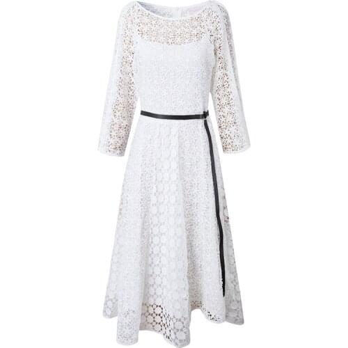 Lady Formal Dress C White Hollow Out Three Quarter Lace Mid-Calf Spring Cute Princess Dresses Attend Activities Women Dresses