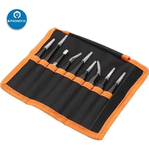 9PCS ESD Stainless Steel Tweezers Anti-static Tweezers for Mobile Phone PCB BGA Repair Maintenance Hand Tools with Carring Bag