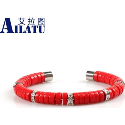 Ailatu Stainless Steel circle Stringing Red Glass Beads and Copper Spacer Micro Pave Cz Open Bracelets for Women'Gifts