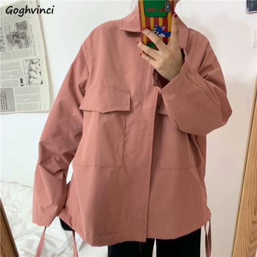 Basic Jackets Women Long Sleeve Turn-down Collar Pink Pockets Bows Zippers Preppy Korean Style Loose Lovely Girls Design Casual
