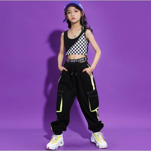 Children Cool Hip Hop Clothing Checkered Crop Tank Top Vest Streetwear Tactical Cargo Pants for Girls Jazz Dance Costume Clothes