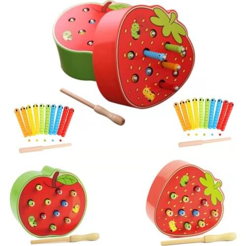 Magnetic Toy Funny Strawberry Shaped And 1 Wand And 10 Worm Game Toy Wooden Educational Toys For Preschool Kids Toddlers