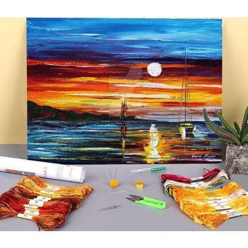 Oil Painting Style Sea Printed 11CT Cross Stitch Embroidery Patterns DMC Threads Painting Handiwork Sewing Handmade Floss
