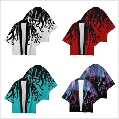 Octopus 3D Japanese Kimono Haori Yukata Cosplay Fashion Short Sleeve Kimono men womens Shirts Streetwear Cardigan tops tshirt