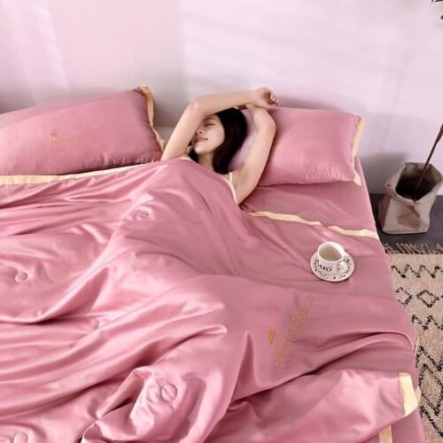 4PCS Set Summer Comforter New 100% Silk Bed Linens Air Condition Quilts Duvet Washed Cotton Throw Blankets Summer Solid Bedding