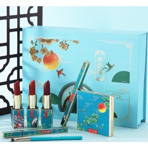 Makeup Cosmetic Set Oriental Matte Carved Lipstick Eye Shadow Palette Brush Eyebrow Pencil Liquid Black Eyeliner Beauty Kit