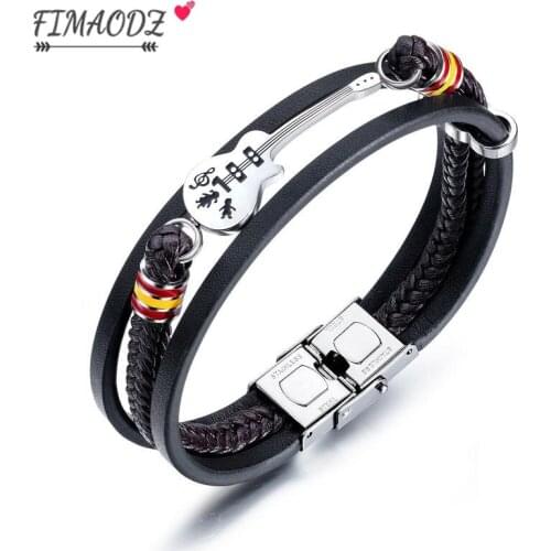 FIMAODZ Fashion Guitar Leather Bracelet for Men Music Lovers Gift Stainless Steel Punk Multi-layer Braided Bracelets Bangle