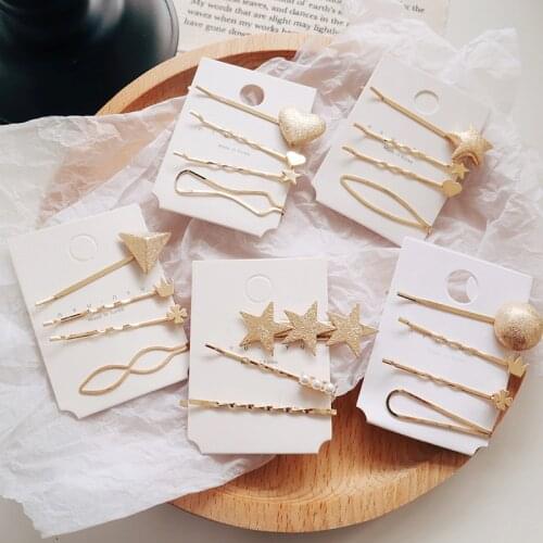 Fashion metal five-pointed star geometry hairpin combination Wild pearl word clip hairpin clip set hair accessories