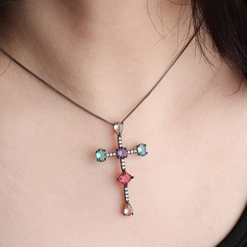 2019 New Copper Cross Pendant Necklace Colorful Cubic Zirconia Black White fashion necklaces for women jewelry 2019 statement
