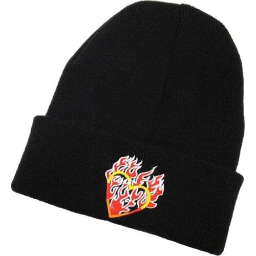 New 2021 Red Heart Flame Embroidery Beanies For Men Women Keep Warm Cap Fashion Knitted Winter Hat Cotton Skullies Smiley Hats