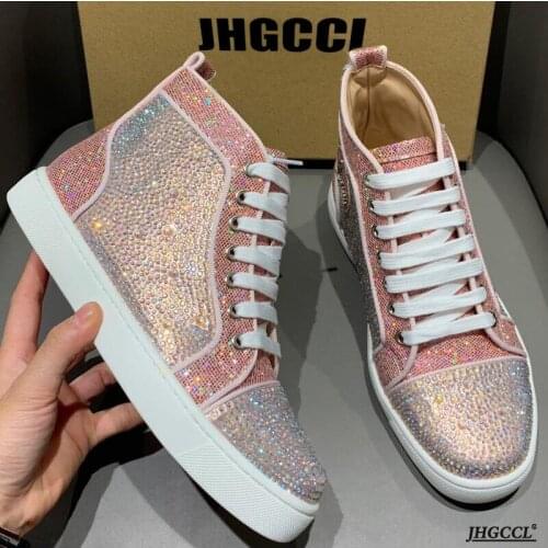 New Mens High Quality Brand Designer Rivet Shoes Womens Large Size Brand Designer High Top Boots Rhinestone Sneakers A25