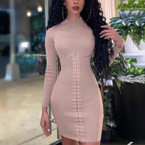 Autumn long sleeve Turtleneck female bodycon dress office lady high street casual Cross Bandage solid mini dress women