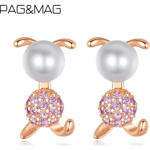 PAG&MAG Real Natural Pearl Cute Rabbit Animal Shape Gift Jewlry Original Womens 925 Sterling Silver CZ Crystal Stud Earrings