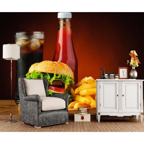 Custom food Papel de parede, hamburger fries fast food mural for restaurant bar hotel background decoration wallpaper